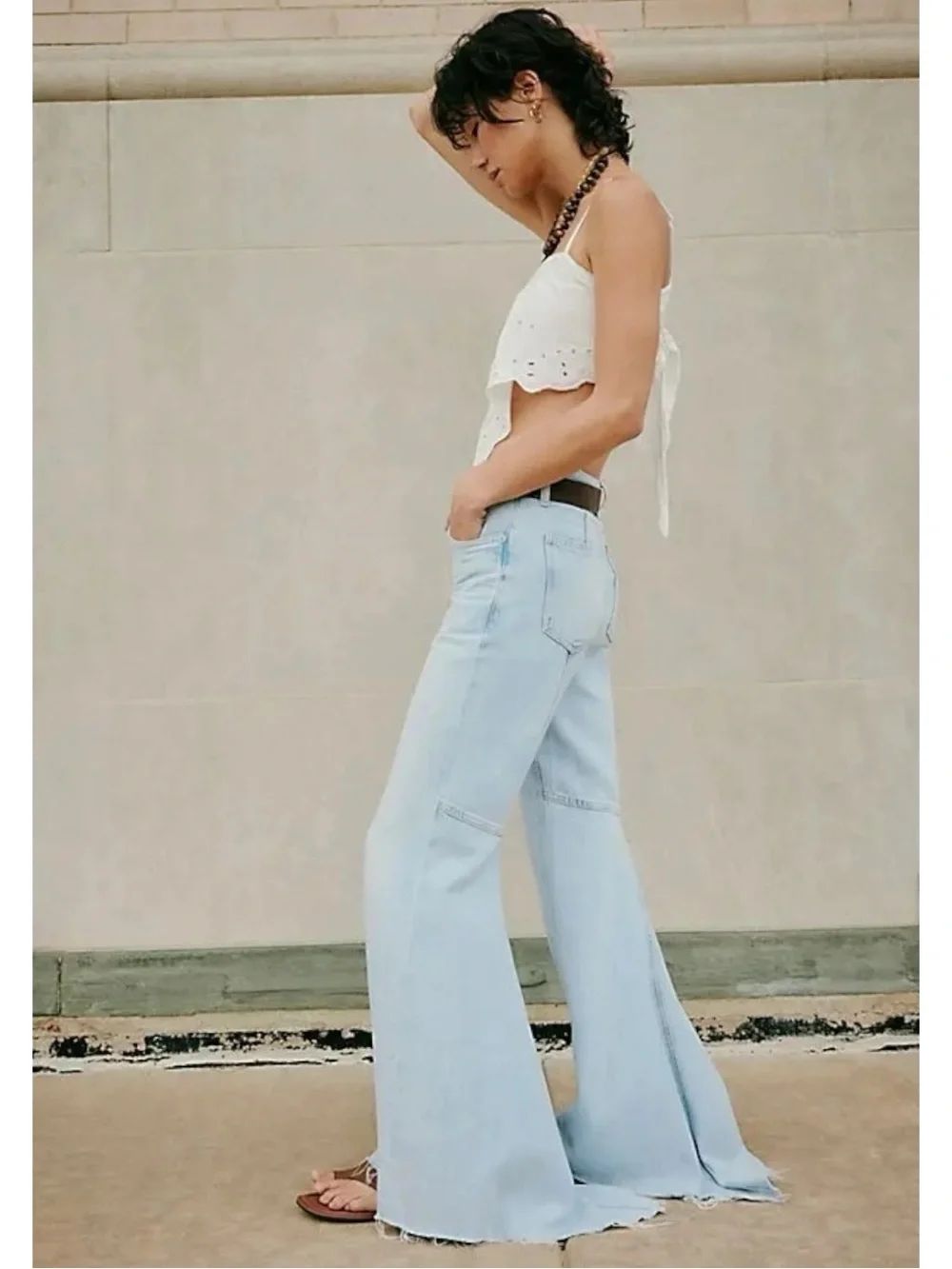 Free People Bohemian 70s Bell Bottom Live Wire Flare Jeans Light Wash Puddle 28
